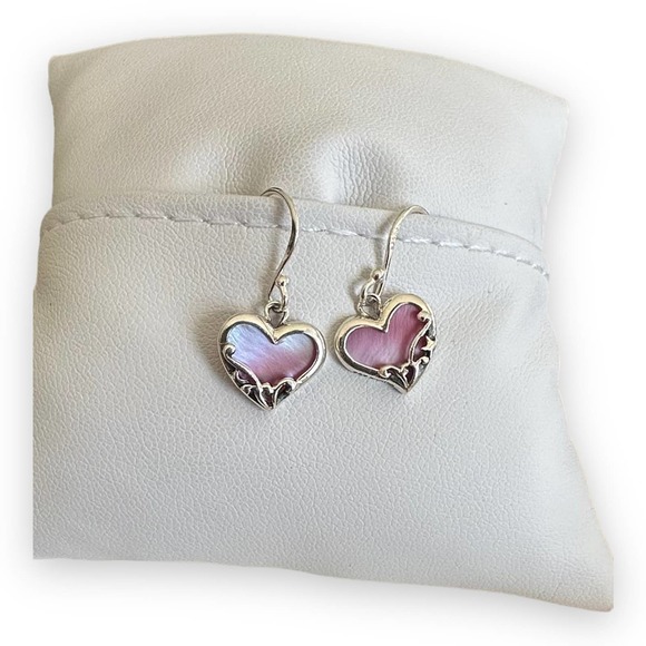 Boma Heart Earrings Pink Shell Irridescent Tiny Dainty Sterling Silver 925 - Picture 7 of 11